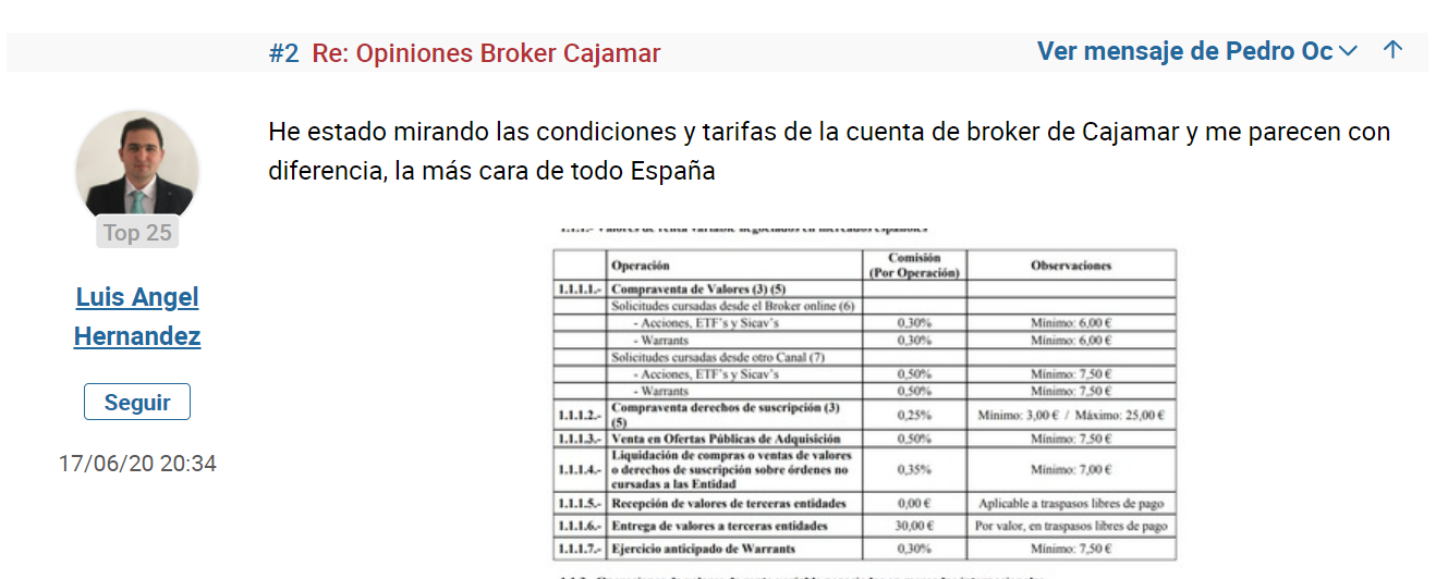 Queja sobre las comisiones del broker Cajamar